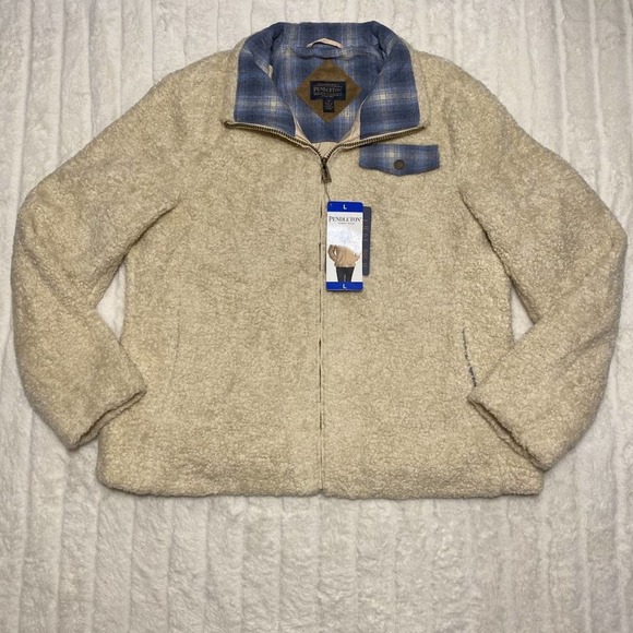 Pendleton Jackets & Blazers - Pendleton Cream & Blue Flannel Sherpa Fleece Zip Up Jacket Womens Size Large NEW